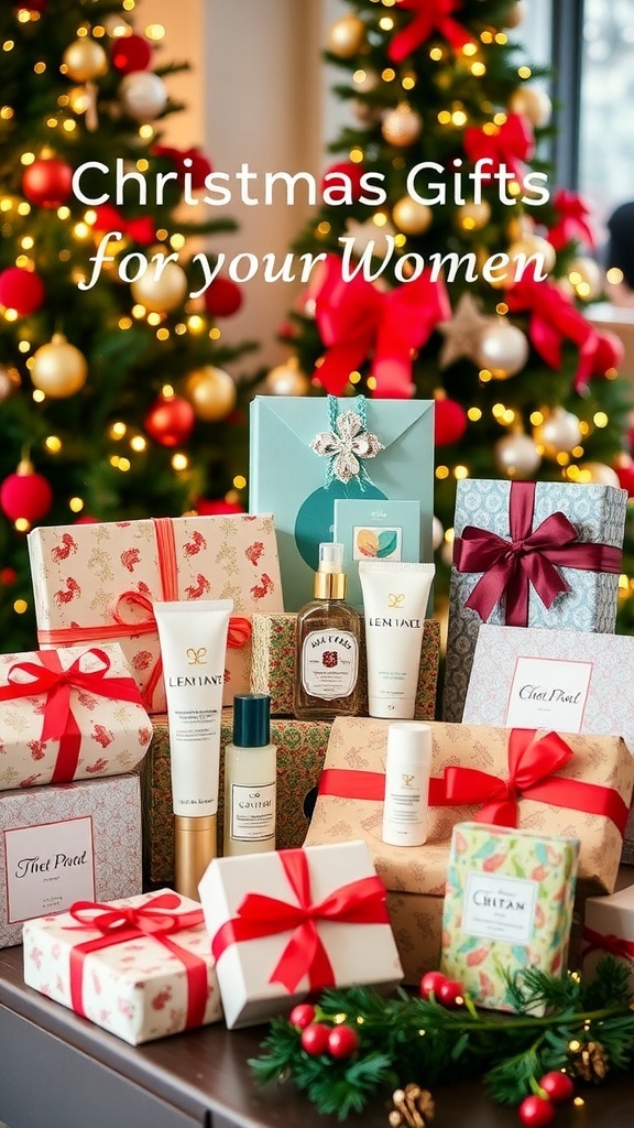 A festive arrangement of Christmas gifts for women, including accessories and skincare products, with holiday decorations in the background.